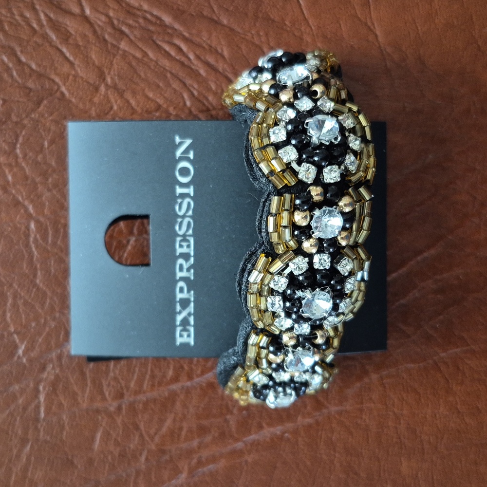 Gold And Black Ornate Hair Tie With Rhinestones From Expression, New With Tags
